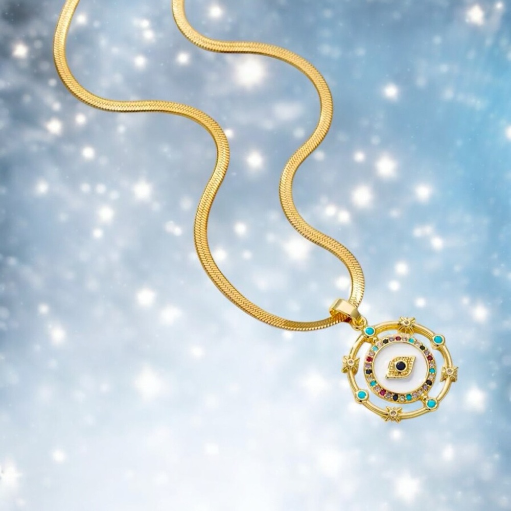 18k Gold- Plated Evil Eye Pendant Necklace with CZ Accents. New. - Picture 7 of 11